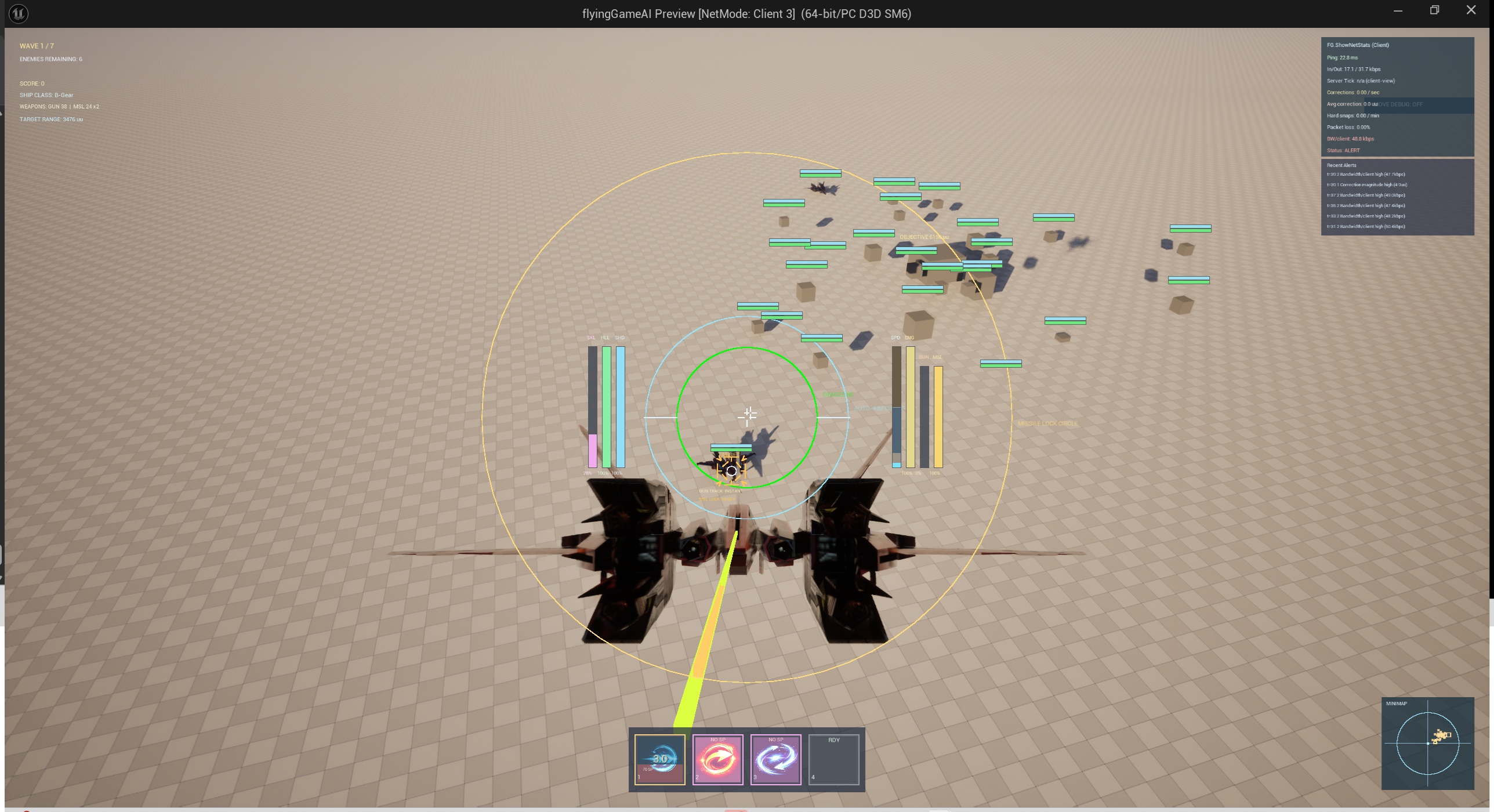 FlyingGame HUD and gameplay progress snapshot showing skill and combat progression