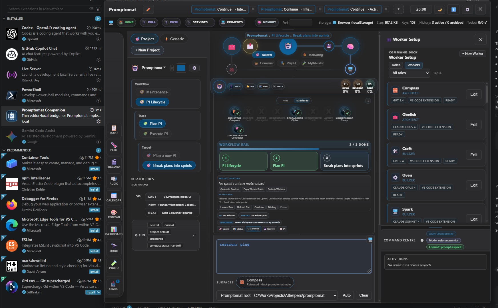 Promptomat in front of VS Code with the companion extension visible, showing workflow, dashboard, and worker context together.