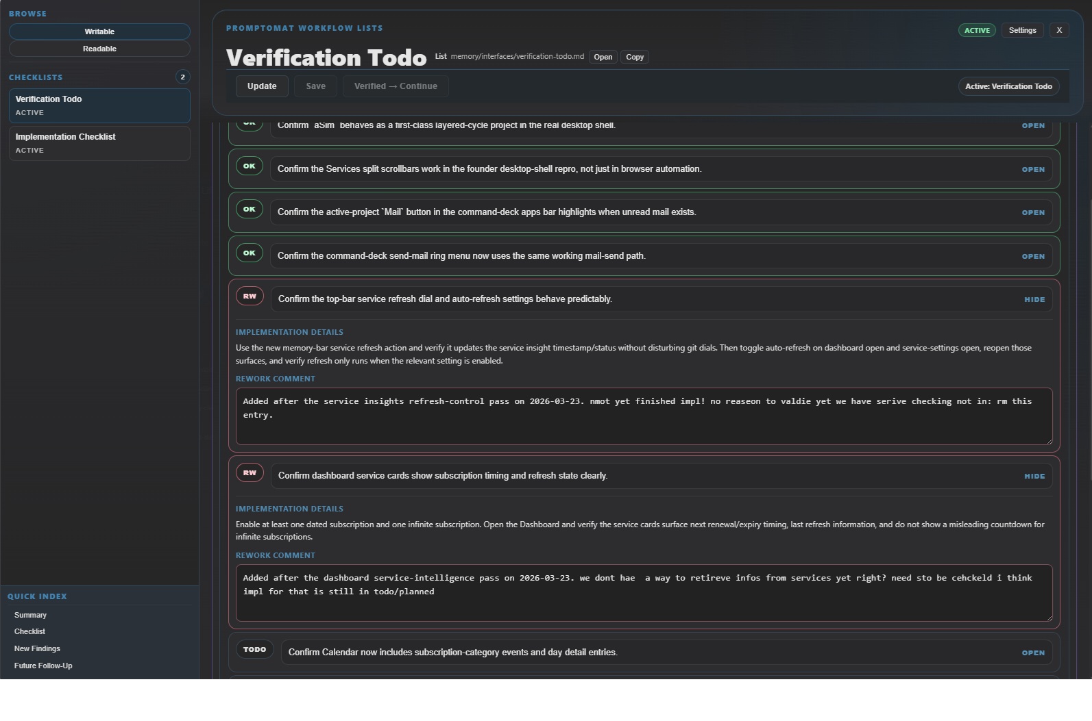 Promptomat implementation checklist view used to validate the founder demo flow and capture live findings.